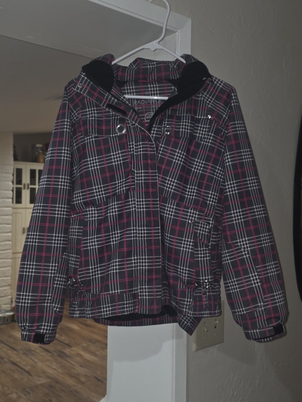 Free Country Black Plaid Hooded Puffer with Pink Accents
